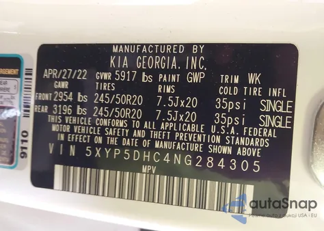 2022 Kia Telluride Sx z USA, uszkodzony, nr VIN 5XYP5DHC4NG284305